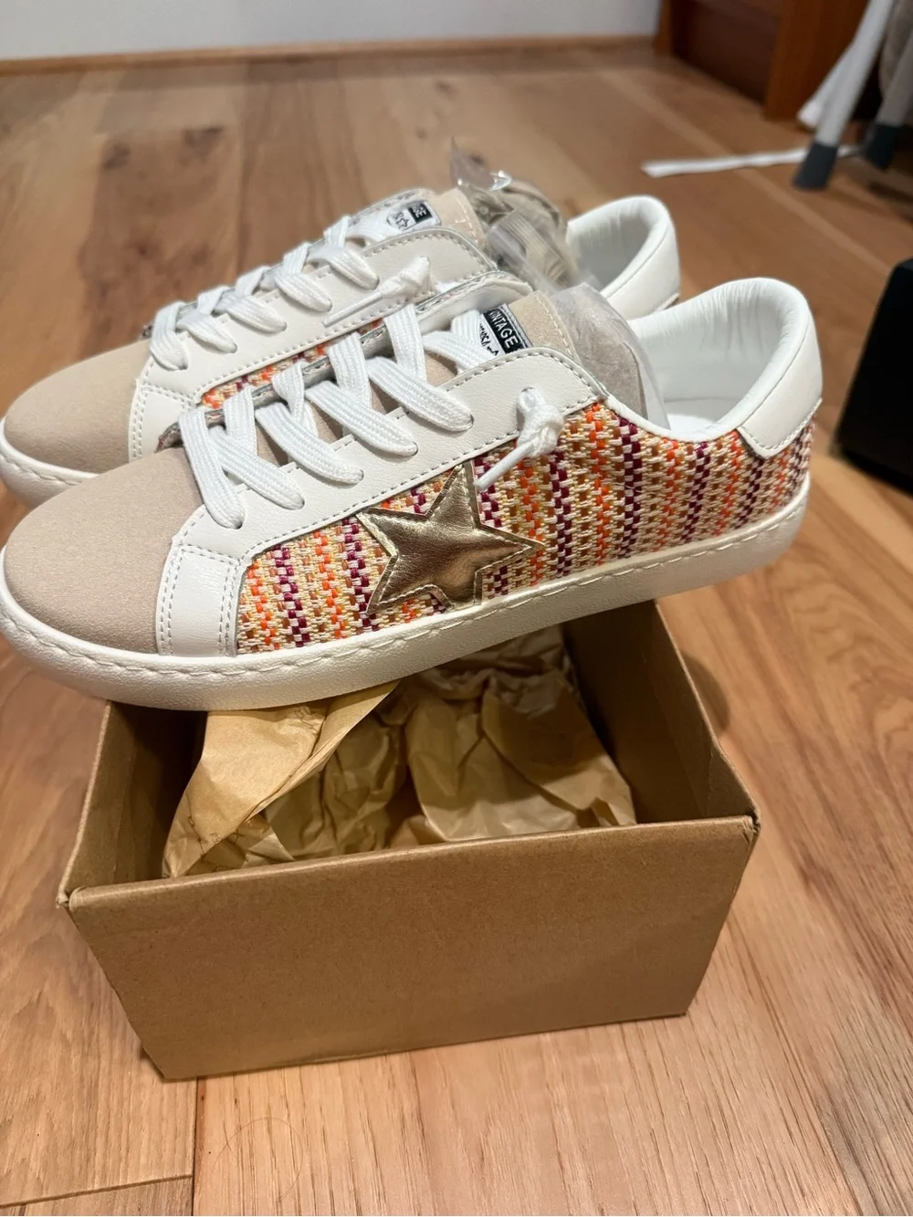ShuShop White Sneakers with Multicolor Woven Panels and Gold Star